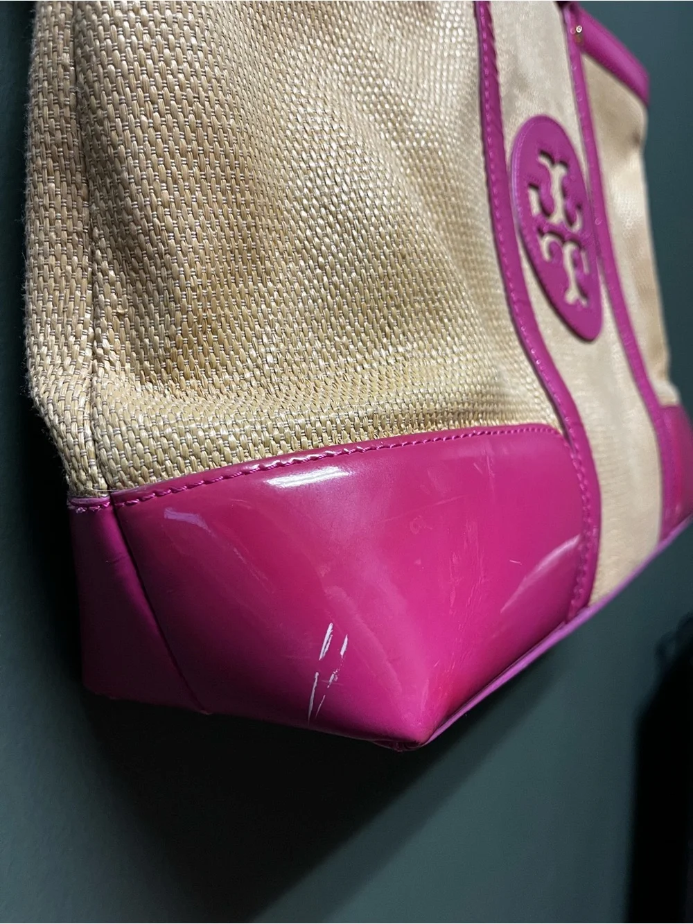 Tory Burch Natural Canvas Tote with Fuchsia Patent Trim
